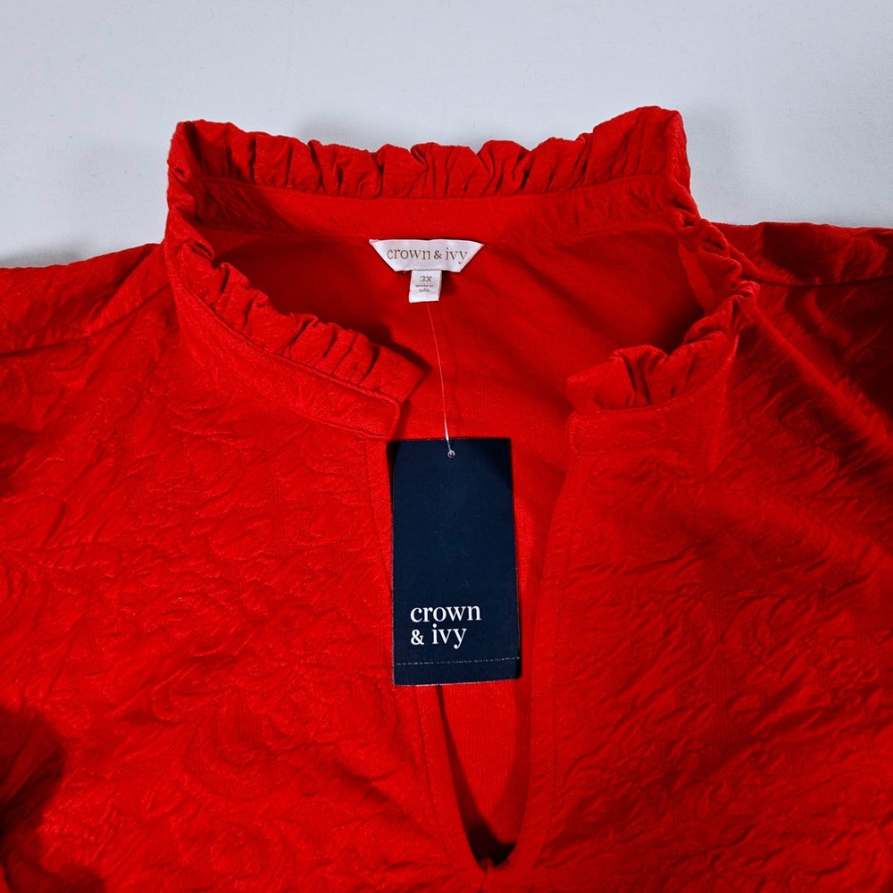 Crown & Ivy Red Jacquard Ruffle Neck Puff Sleeve Blouse Plus Size 3X NEW - Picture 2 of 11